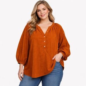 Cato Boho Western Women 18/20W Rust Corduroy V Neck 3/4 Sleeve Qtr Button Blouse